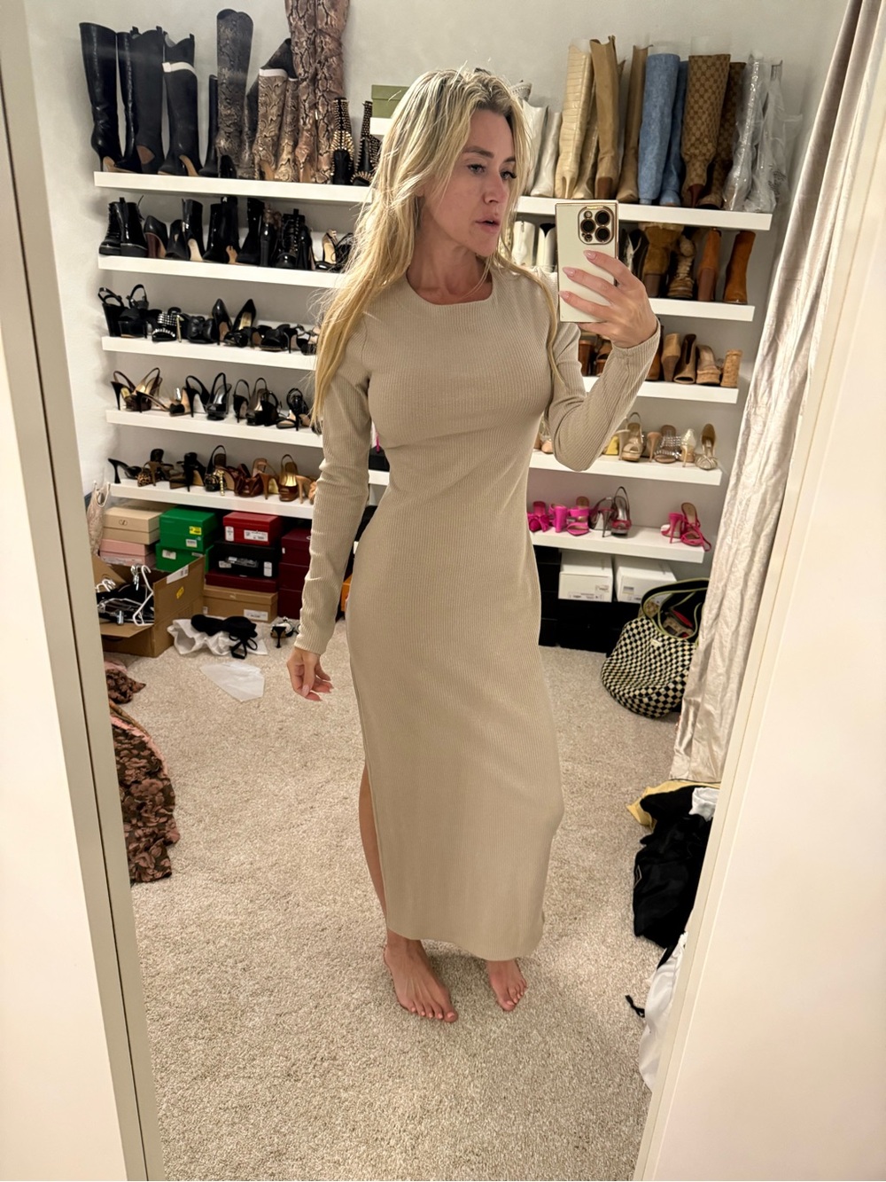 Beige Long-Sleeve Ribbed Midi Dress